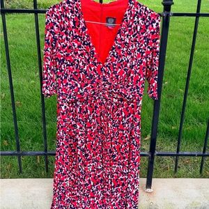 Vince Camuto Red and Blue Patterned Midi Dress